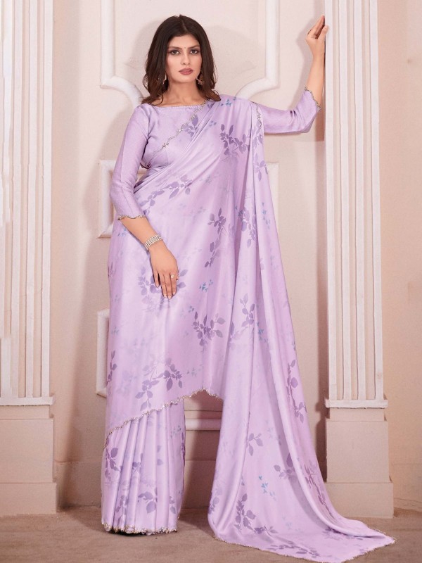 Light Violet Pure Satin Georgette Digital Print Saree